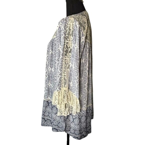 John Mark Peasant Mini Dress 3/4 Bell Sleeve Lace Detail On Blue - Picture 4 of 12